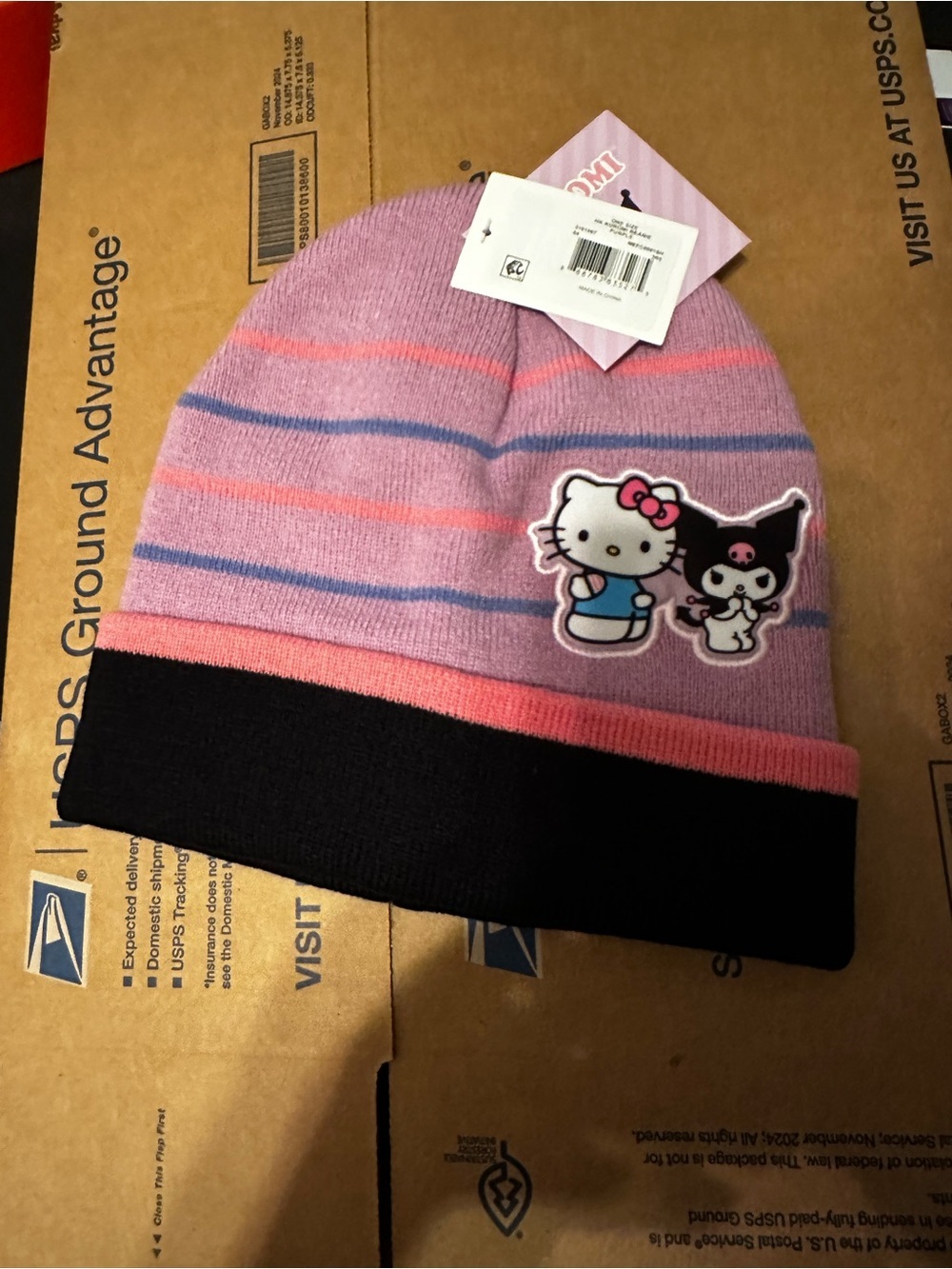 Sanrio Pink Lavender Striped Beanie with Hello Kitty & Kuromi Patch